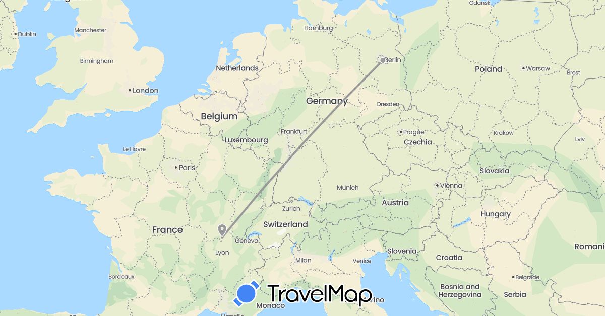 TravelMap itinerary: plane, train in Germany, France (Europe)